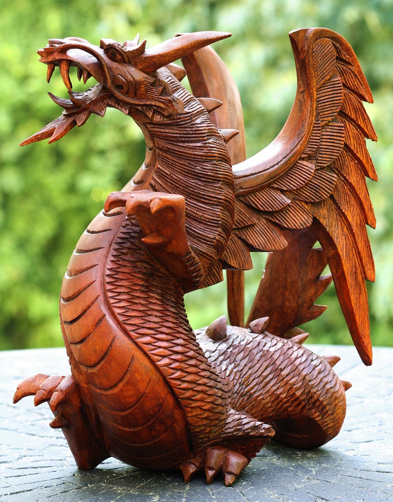 G6 Collection Hand Carved Wooden Dragon Statue, Winged Dragon Figurine Sculpture for Shelf, Mantel or Office, Mythical Creature Home DÃ©cor (8.5" Tall) - Image 1